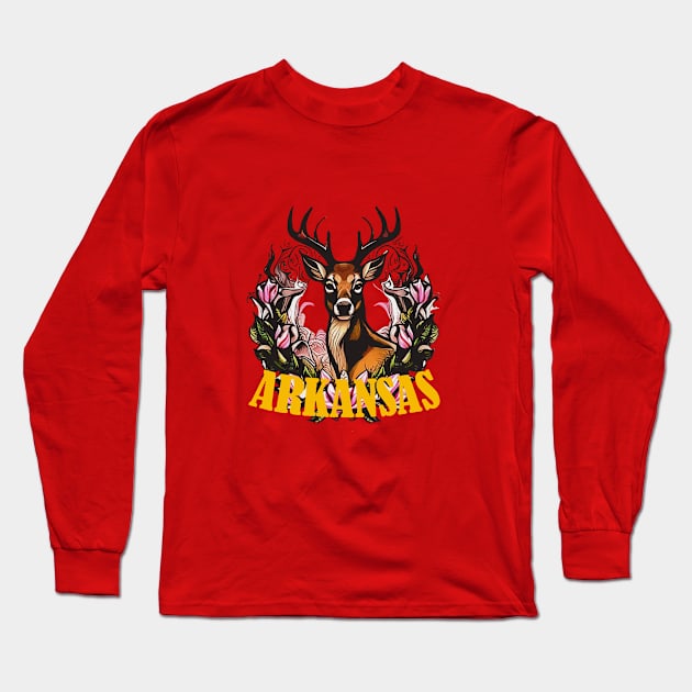 Arkansas Deer With Apple Blossom Bough Long Sleeve T-Shirt by taiche